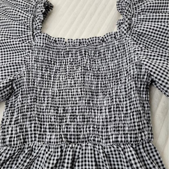 Smocked Gingham Boho Top Black & White Butterfly Sleeve Blouse Size S/M Milkmaid - Picture 5 of 10
